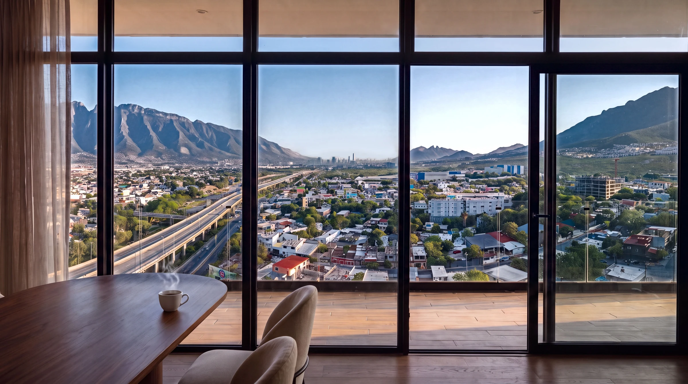 Vista desde el comedor, con café sobre la mesa